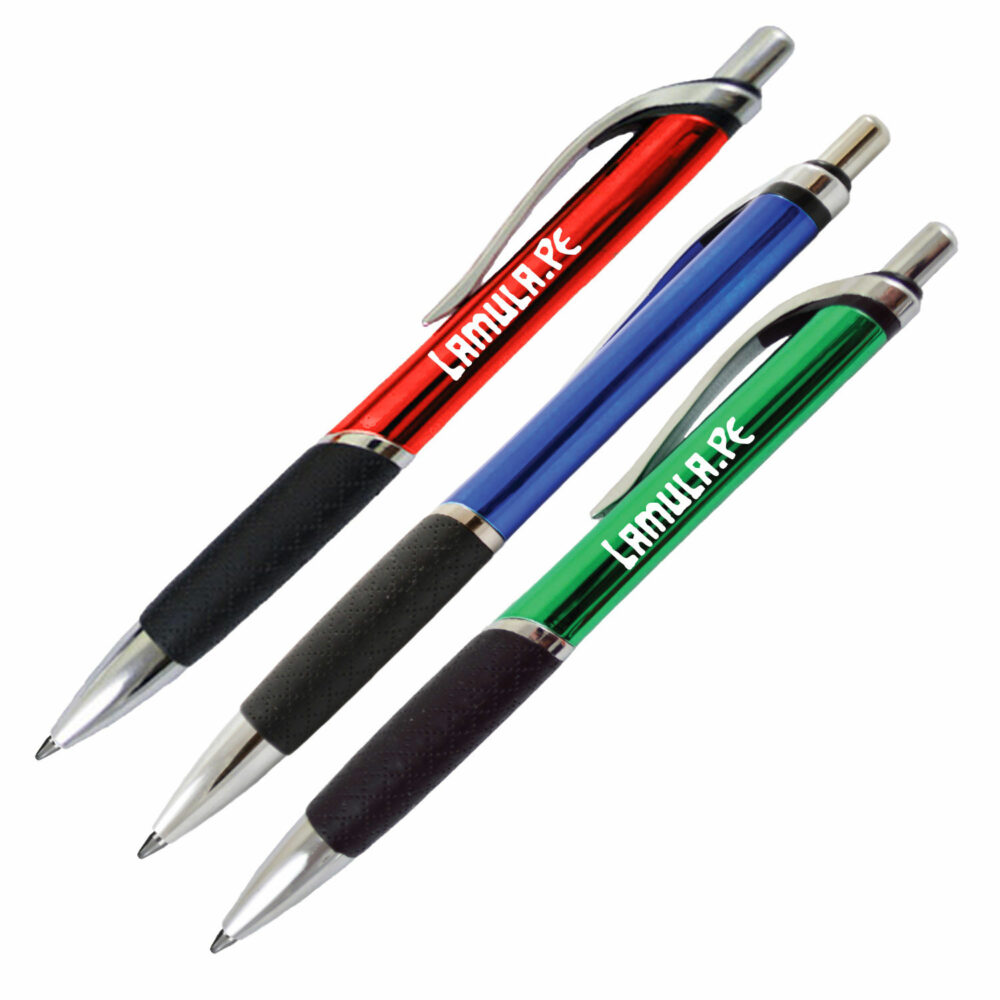 UVRP – UV Coated Ballpoint Click Pen w_Grip – Laser Engraved_Assorted – Red, Blue, Green
